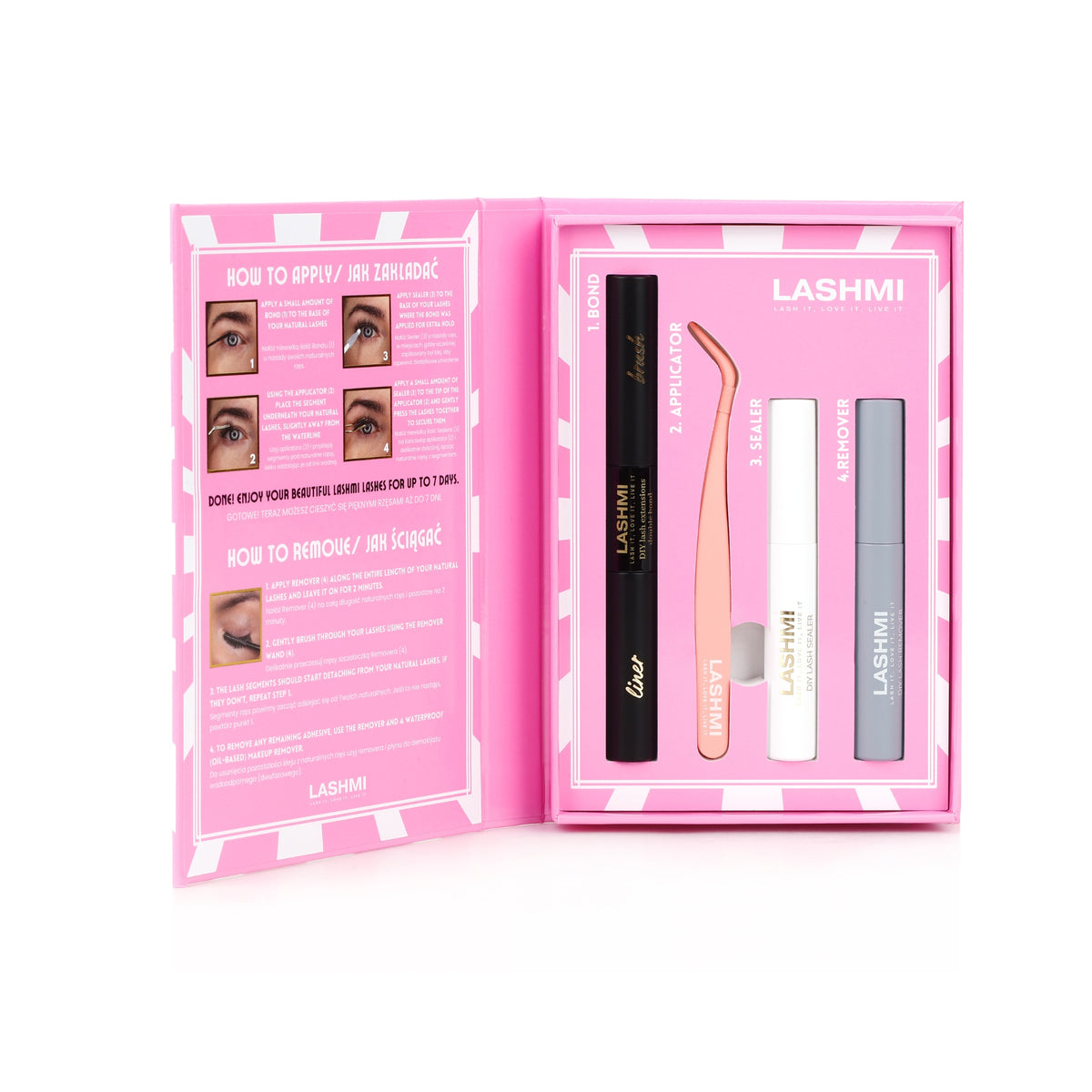 Zestaw akcesoriów i produktów do aplikacji rzęs